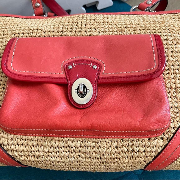 COACH 22904 Woven Straw Pocket Tote with orange/red leather accents - Picture 3 of 16